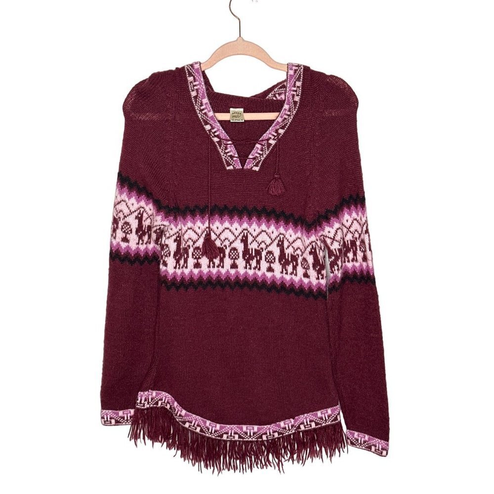Elegant Burgundy V-Neck Sweater with Fringe
